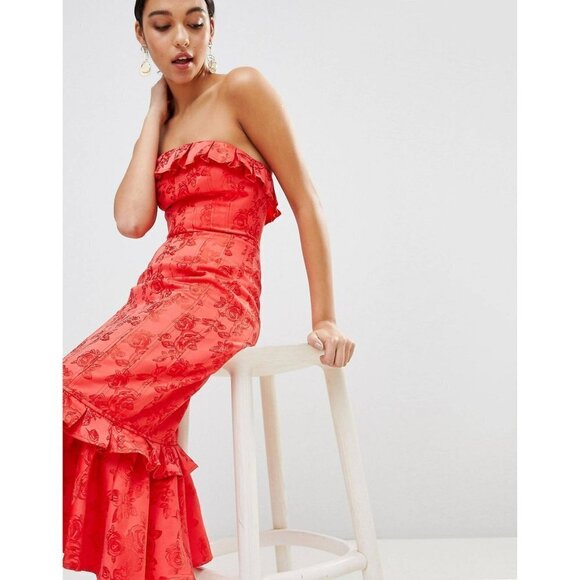 C/MEO Collective Strapless Ruffle Midi Dress Red Sheath Women’s Size Medium - Picture 2 of 13